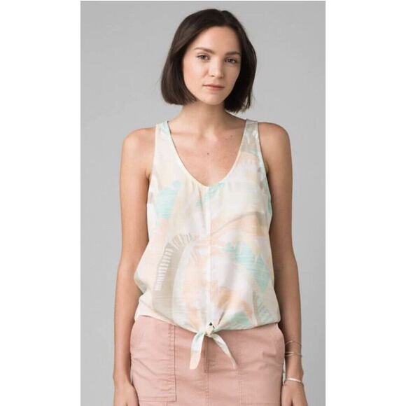 PRANA Mckenzie Tank Top Medium Peach Turquoise Leaf Pattern Tie Front Scoop NWT - Picture 1 of 3